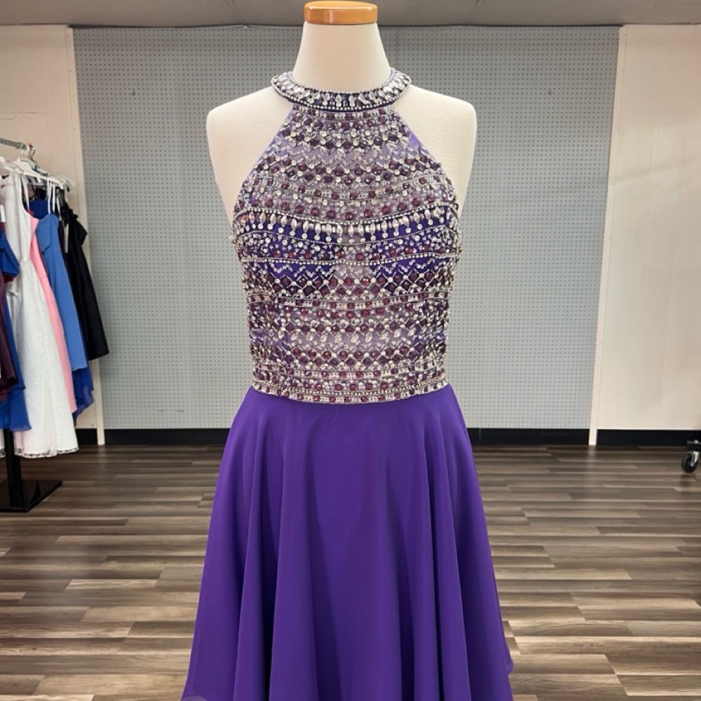 Blush Beaded Halter Purple Prom Dress